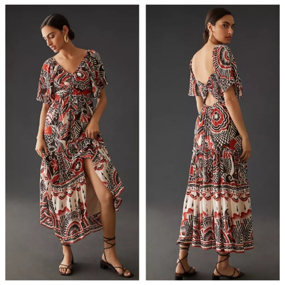 Anthropologie Flutter Sleeve Tiered Maxi Dress Floral Boho Chic - XS